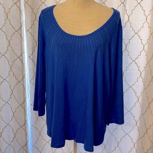 Ellen Tracy women’s Rayon plus blue blouse embellished front neckline 3/4sl-2X